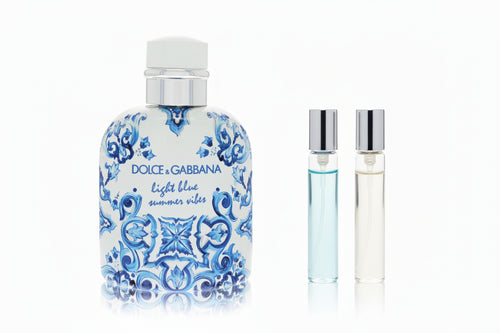 Dolce & Gabbana perfume bottle with blue and white pattern on a white background . Add a generic 10ml and 5ml generic perfume sample decant bottle 